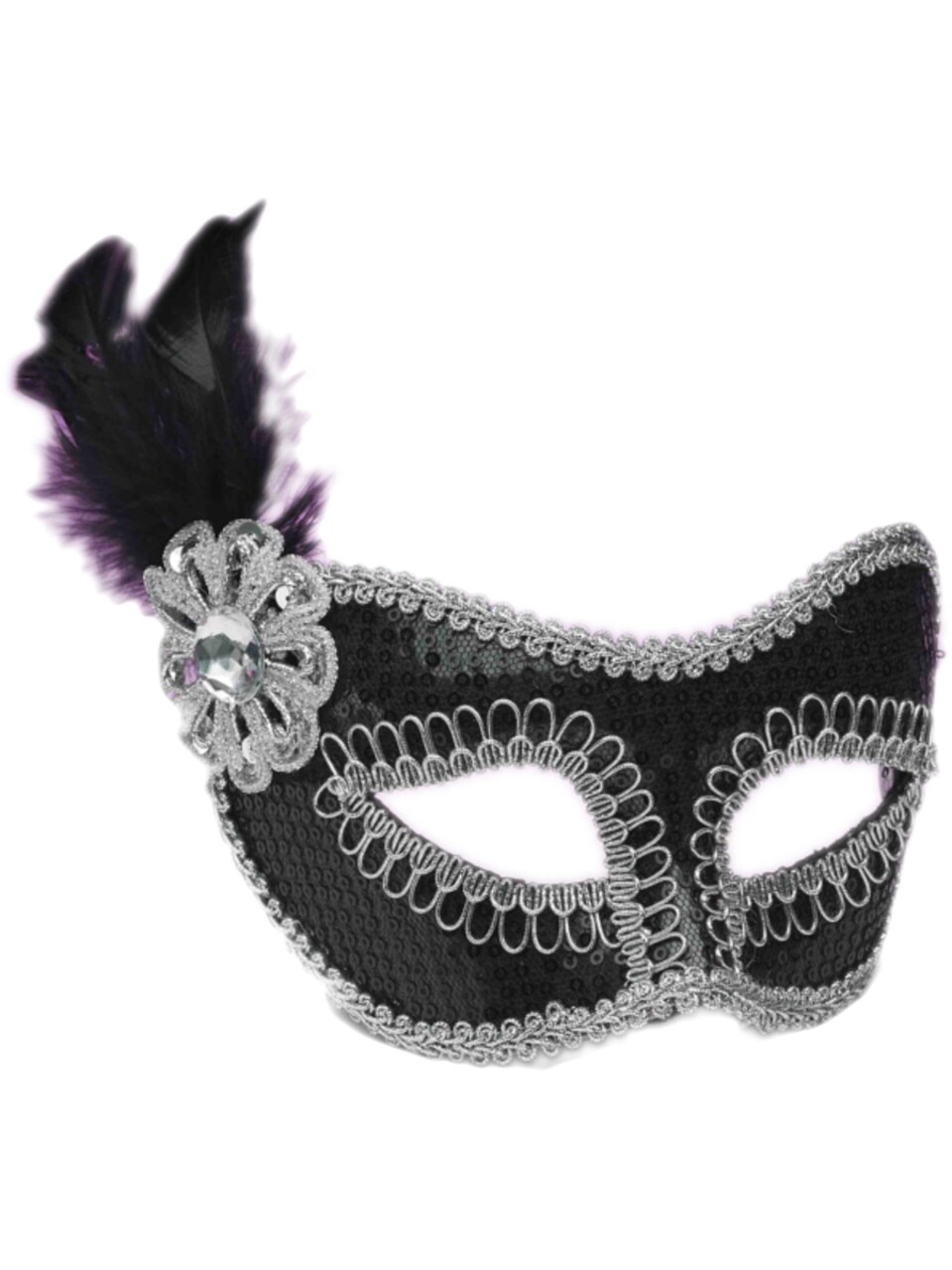 Adult's Silver Black Sequin Venetian Carnival Eye Mask with Feather Plume